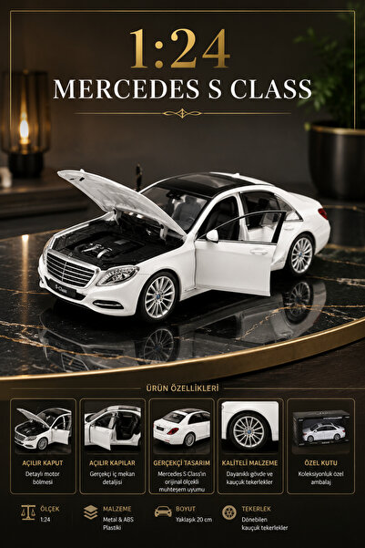 craftivio 1:24 Mercedes S-Class Beyaz Metal Diecast Maket Araba Açılır Kapılı