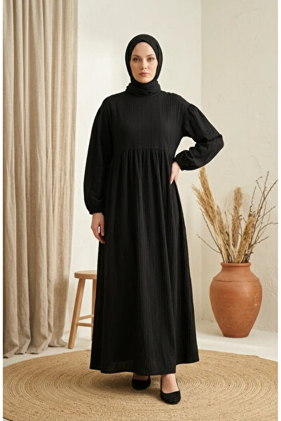 sefamerve Krinkil Fabric Gathered Hijab Dress 2283-03 Black