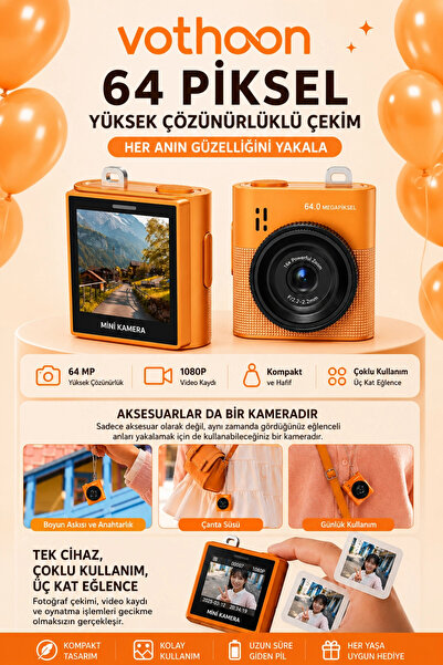 Vothoon Mini Dijital Kamera 64MP 16x Digital Zoom Retro Vintage 1.4"Ekranlı V...