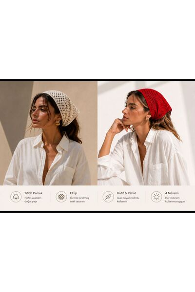 Dier Moda Kadın File Örgü Bandana Yazlık Delikli Triko2^Lİ BEJ-KIRMIZI Saç Ba...