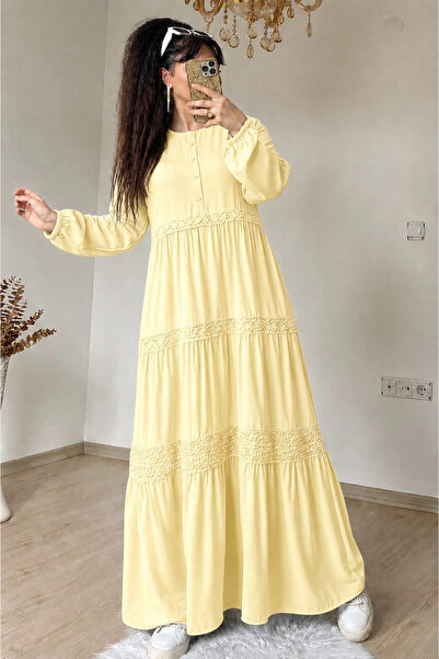 AZRA BUTİK Magnolia Pattern Lace Detailed Dress Yellow