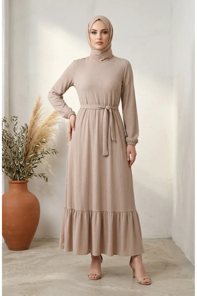 sefamerve Drawstring Detailed Belted Hijab Dress 5589-04 Beige