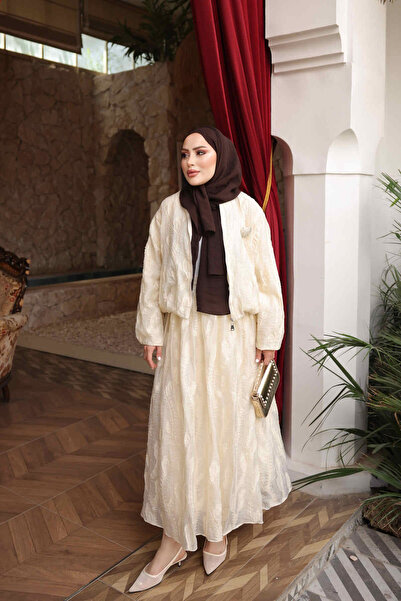İmajButik Bej Fermuarlı Ceket Etekli Takım