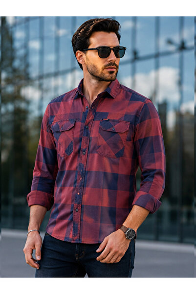 FSR FUSARO %100 Pamuk Denim Ekose Slim Fit Çift Cepli Uzun Kollu Erkek Gömlek