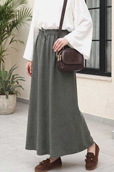 Modamorfo Elastic Waist Lace Detailed Pocketed Tencel Skirt -Khaki