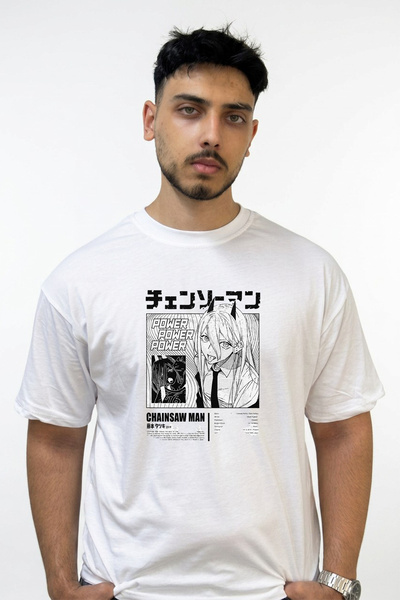 Anetos Power Chainsaw Man Design Printed Oversize White T-Shirt