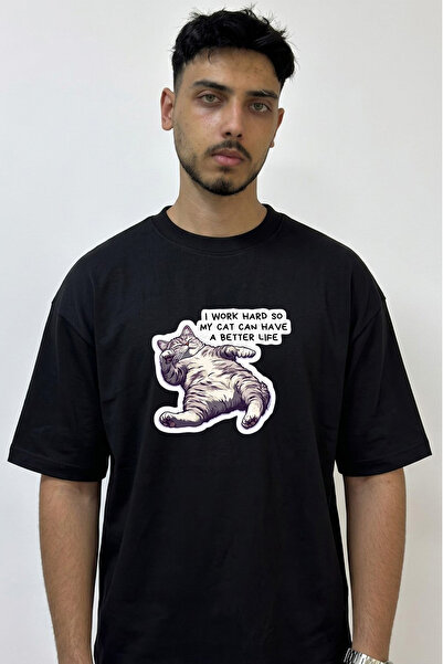 Anetos Relaxed Cat Design Printed Oversize Black T-Shirt