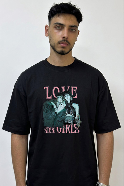 Anetos Love Sick Girls Design Printed Oversize Black T-Shirt