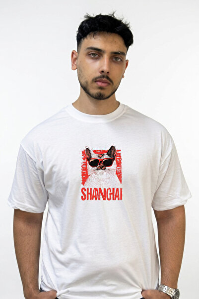 Anetos Shanghai Cat Design Printed Oversize White T-Shirt