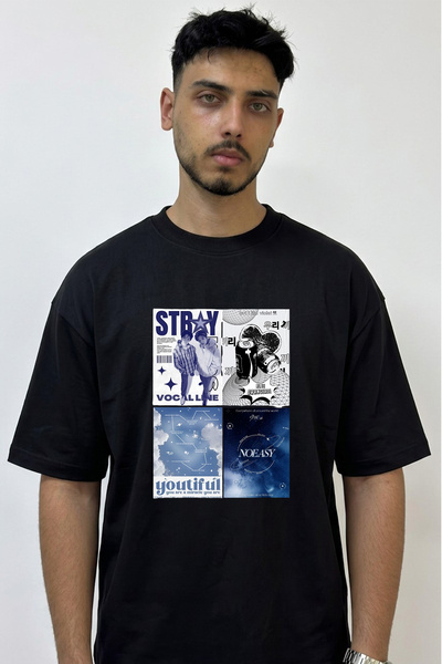 Anetos Stray Kids Design Printed Oversize Black T-Shirt