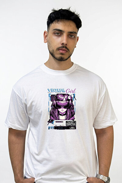 Anetos Virtual Girl Design Printed Oversize White T-Shirt
