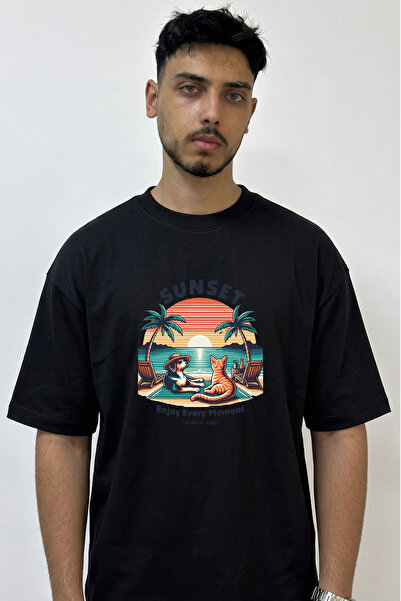 Anetos Dog Cat Sunset Design Printed Oversize Black T-Shirt