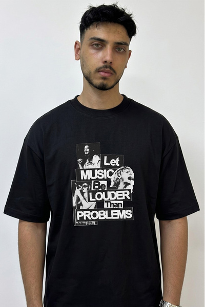 Anetos Grunge Musicians Design Printed Oversize Black T-Shirt