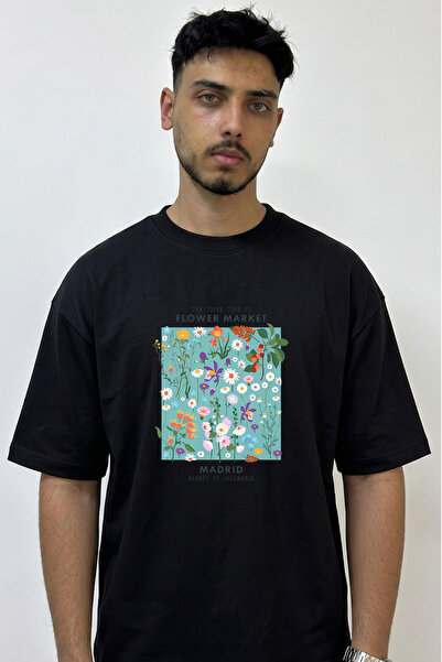 Anetos Tricou negru supradimensionat cu imprimeu cu ilustrație florală