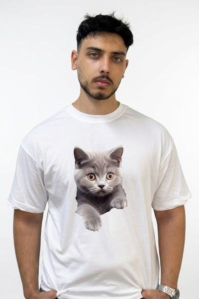 Anetos Gray Kitten Design Printed Oversize White T-Shirt