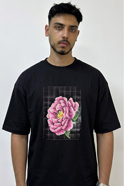 Anetos Cicek Kanavice Design Printed Oversize Black T-Shirt