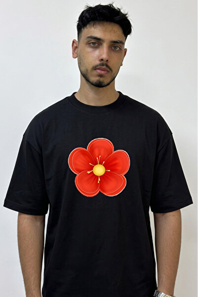 Anetos Red Flower Design Printed Oversize Black T-Shirt