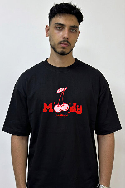 Anetos Moody Cherry Design Printed Oversize Black T-Shirt