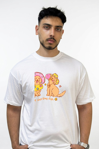 Anetos Golden Retriever Summer Design Printed Oversize White T-Shirt