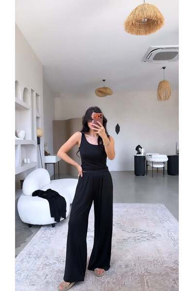 Buket Teke Black Viscose Slim Elastic Pants