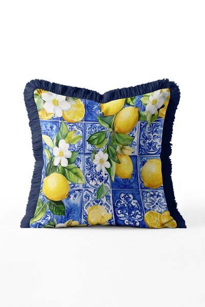 IdeCraft Mediterranean Lemon and Floral Pattern Floor Fringed Throw Pillow Co...