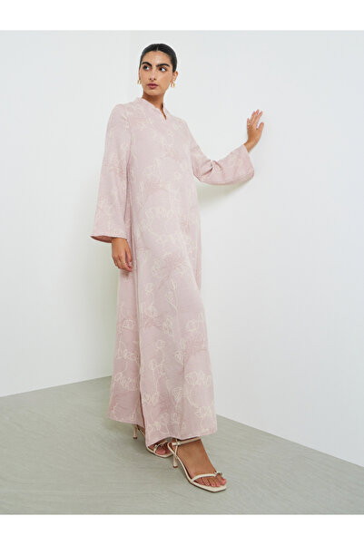 Amirah By Styli Pink All Over Print Stand Collar Jalabiya with Side Slit