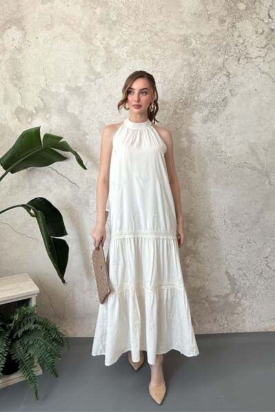 Elbee Fashion Woman Εκρού φόρεμα μάξι με λεπτομέρειες από γκουπέρ και στρώσεις