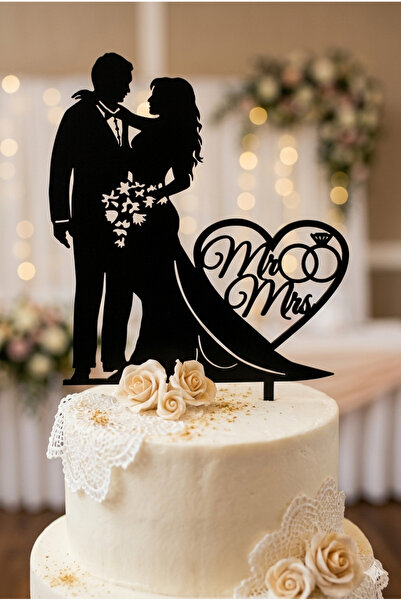 bigimeksley grup Gelin Damat Ahşap Pasta Süsü Ahşap Siyah Silüet Cake Topper ...