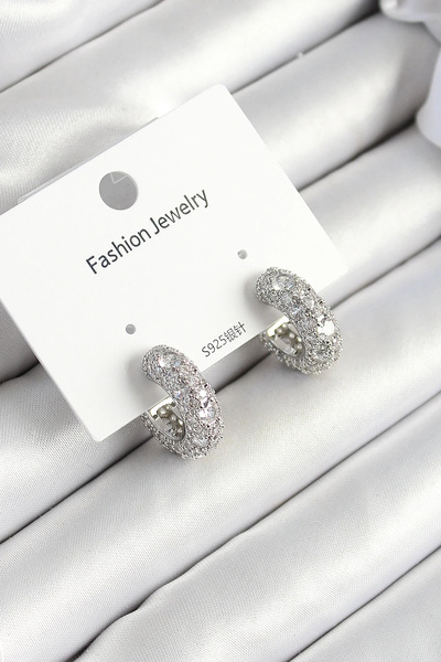 USLUCAN ALIŞVERİŞ Brass Zircon Stone Hoop Model Silver Color Women's Earrings