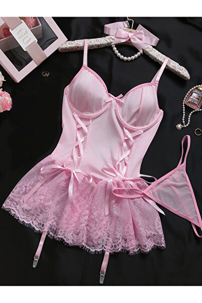 Shengzhou Jinshen Tie Soft Pink Satin Lace Corset Lingerie Set For Women, Bow...