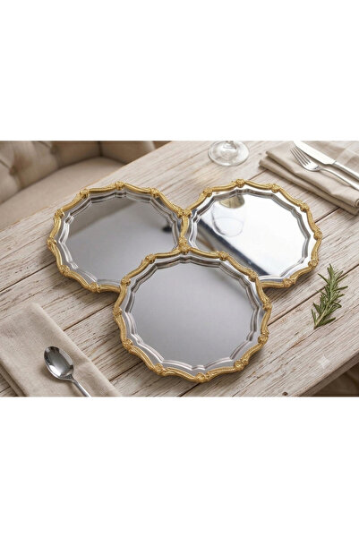 SEVA ÇELİK Steel Round Wave-Shaped 3-Piece Gold Framed Coffee Presentation Tray