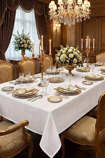 Çt Çeyizci Tekstil Colber Striped Tablecloth 160*220 cm White |   Stain-Resis...