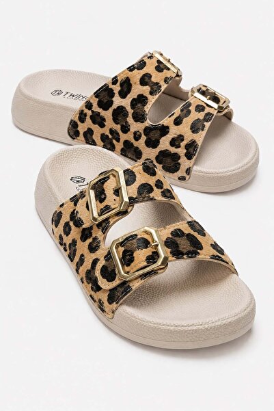 CCWAY AYAKKABI Women's Double Buckle Slippers Sand Leopard