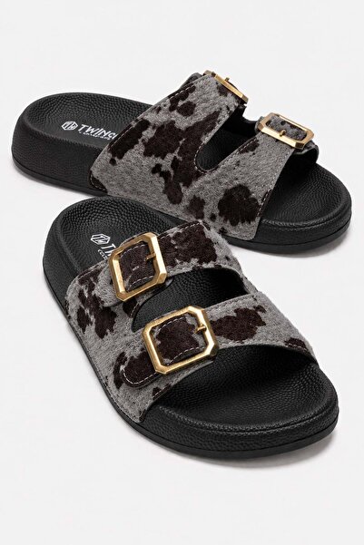 CCWAY AYAKKABI Women's Double Buckle Slippers Black Leopard