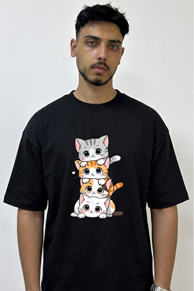 Anetos Anime Cats dizajn, štampana oversize crna majica