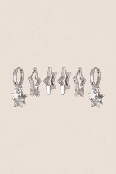 Hetra Silver Color Steel Zircon Stone Double Star Figured 6-Piece Hoop Earrin...