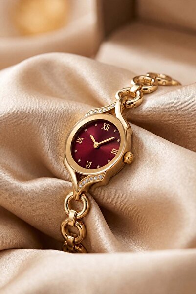 The Watch Senna Women's Gold Steel Handcuff Watch – Burgundy Dial with Stone ...