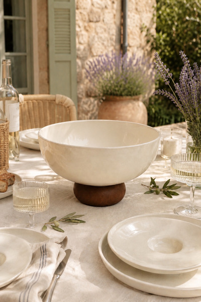 Beige & Stone Κεραμικό μπολ σαλάτας με βάση 19 εκ. με ξύλινη βάση για φρούτα ...