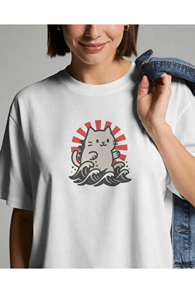 buzagi tasarım ürünleri Kanagawe Unisex White Oversize T-Shirt
