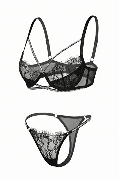 Wakabayashi Vespera Celestia Stone Striped Lace Black Bra Panty Set