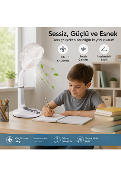 Kerasus LumiFan Şarjlı Işıklı Masaüstü Vantilatör USB-C Şarjlı Ayarlanabilir ...