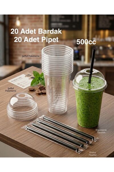 e Erta 20 Adet 500 Cc Sert Plastik Pet Kapaklı Limonata Milkshake Bardağı , S...