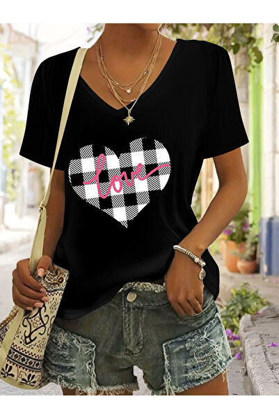 Deocept Women's Heart Printed V-Neck Sleeves Regular Fit Comfortable T-Shirt