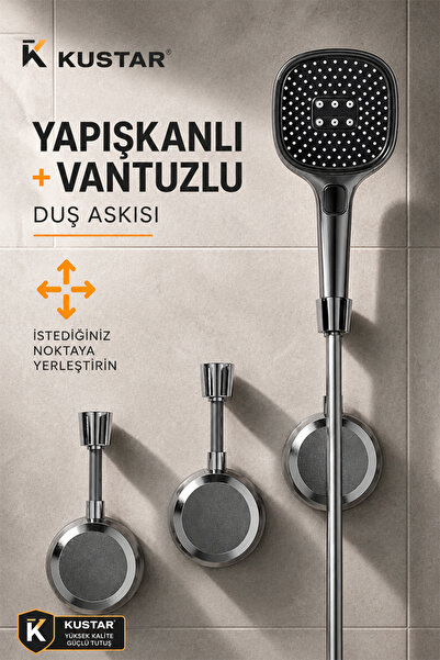 KUSTAR Yapışkanlı Vantuzlu Duş Askısı | Delmeden Montaj | Ayarlanabilir Duş B...