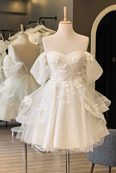 Lenta Moda Beyaz Simli Gren Etekli Mini Abiye ve Nikah Elbisesi