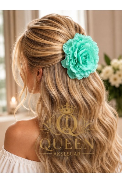 QUEEN AKSESUAR Luxurious Large Volume Water Green Turquoise Rose Flower Hairp...