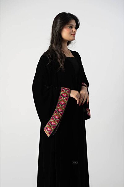 FJ Black velvet abaya with colorful traditional embroidery on the sleeves - 59
