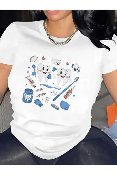 1001 Line تي شيرت بتصميم أسنان مرح |   ملابس مثالية للعيادات، خفيفة الوزن ومت...