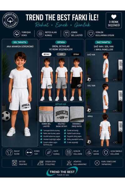TREND THE BEST Trendin En İyisi Summer Brooklyn 1994 Crown Printed Boys and Girls Black, White, Gray Colors 3-Piece Shorts