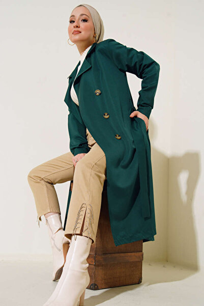Merterium Women's Double-Breasted Collar Hijab Trench Coat Emerald Green 1210